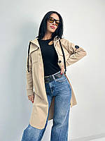 Женский кашемировый кардиган пальто с капюшоном, миди, прямого кроя, полусвободный, принт елочка | Норма Бежевый, 42/44