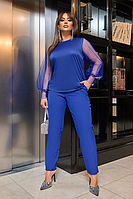 Костюм жіночий брючний вечірній синій електрик блуза з прозорими рукавами великого розміру 48-58. 103231