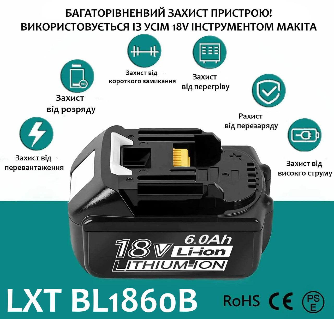 Акумуляторна батарея Макіта LXT BL1860b, 6.0Аг для усього інструменту Makita 18 та 36V