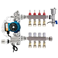 Колектор для теплої підлоги  у зборі з нижнім під'єднанням на 4 контури з насосом (ПОЛЬЩА)