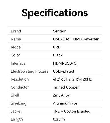 Кабель Type-C-HDMI 2.0 Vention Thunderbolt 3/4 4K 60Hz 2K 120Hz Cotton Braided 0.25m Grey (CREBC), фото 2