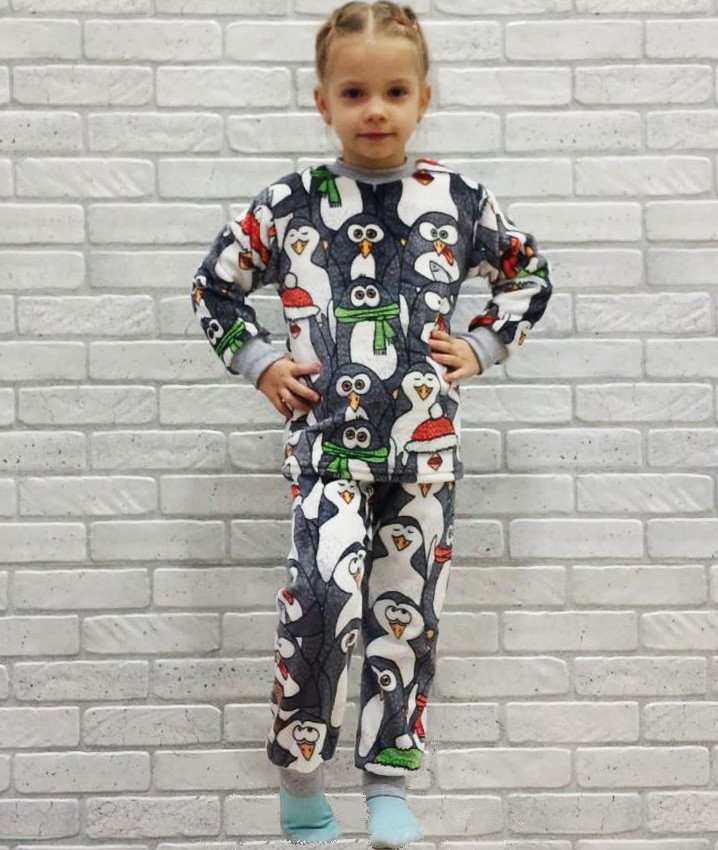 Детская теплая пижама ОПТОМ с длинным рукавом на манжетах (пингвины) р.26 28 30 32 - фото 1 - id-p2015048627