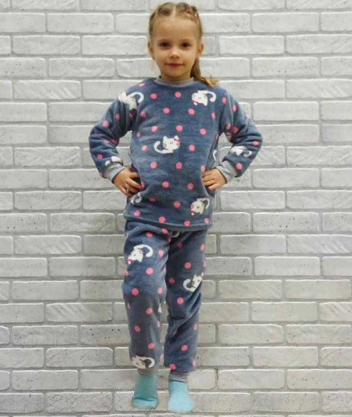 Детская теплая пижама оптом с длинным рукавом на манжетах серая (котики) р.26 30 - фото 1 - id-p2015048635