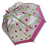 Детский прозрачный зонт-трость полуавтомат в цветной горошек от Rain Proof, с розовой ручкой, 0259-1