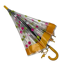 Детский прозрачный зонт-трость полуавтомат в цветной горошек от Rain Proof, с желтой ручкой, 0259-2