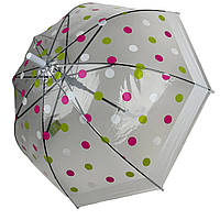 Дитяча прозора парасоля-тростина, напівавтомат в кольоровий горошок від Rain Proof, з білою ручкою, 0259-4