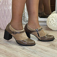 Женские туфли на невысоком каблуке из натуральной кожи с принтом "леопард" и замши цвета визон. 37 размер