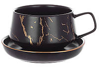 Чайный набор чашка с фарфоровым блюдцем Мраморная роскошь, 320мл, цвет - черный с золотом