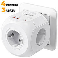 Сетевой фильтр разветвитель тройник 4EU розетки с выключателем + USB-C PD20W + 2USB-A QC18W Lencent 4000W/16A