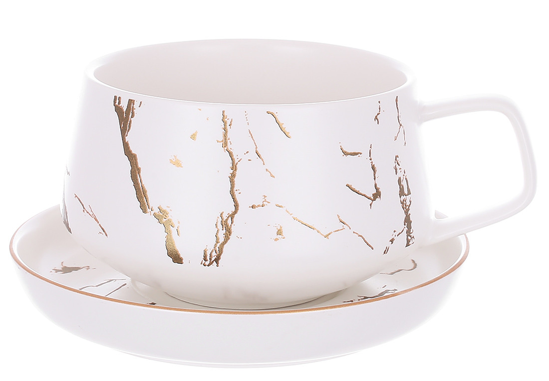 Чайний набір чашка з порцеляновим блюдцем Мармурова розкіш, 320мл, колір - білий з золотом, фото 1