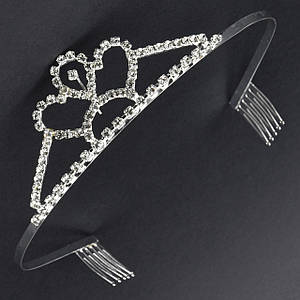 Діадема корона срібляста на металевому тонкому обідку з гребінцями з кришталевими камінчиками висота 3.5 см