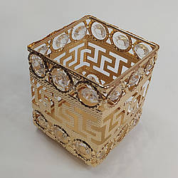 Металева склянка для манікюрного приладдя квадратна, Золотиста, висота 9 см