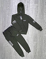 Детский подростковый спортивный костюм Пума для мальчика хаки 3нитка флис 134