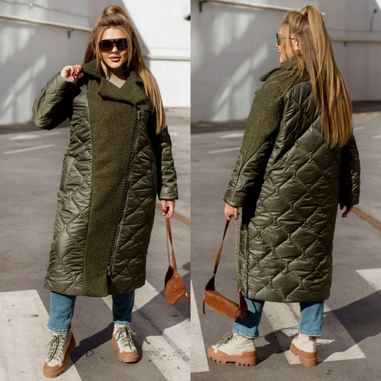 Тепле зимове жіноче пальто хакі з плащової тканини