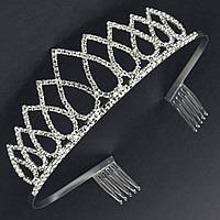 Диадема корона серебристая на металлическом тонком ободке с гребешками с хрустальными сапфирами высота 4 см