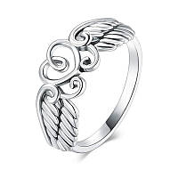 Кольцо женское резное колечко серебристое в виде крыльев Ангела и сердца Любовь Божественна размер 17.5
