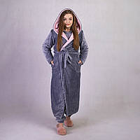 Жіночий довгий махровий халат із подвійним капюшоном сіра косичка 42/44