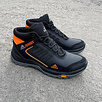 Ботинки теплые для мужчин зимние Адидас. Зимние кроссовки мужские черные с оранжевым кожаные на меху Adidas