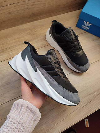 Кроссовки Adidas SHARK BLACK / GREY / WHITE кожаные с замшевой вставочкой на высокой белой подошве унисекс, фото 1