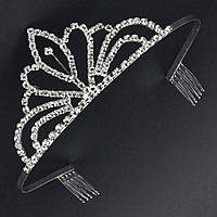 Діадема корона срібляста на тонкому металевому обідку з гребінцями з білими фіанітами висота 5 см