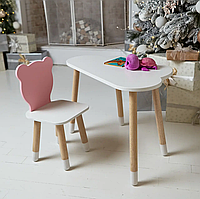 Детский белый стол Облачко + стульчик Мишка розовый