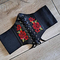 Жіночий чорний шкіряний пояс корсет на шнурівці з вишивкою