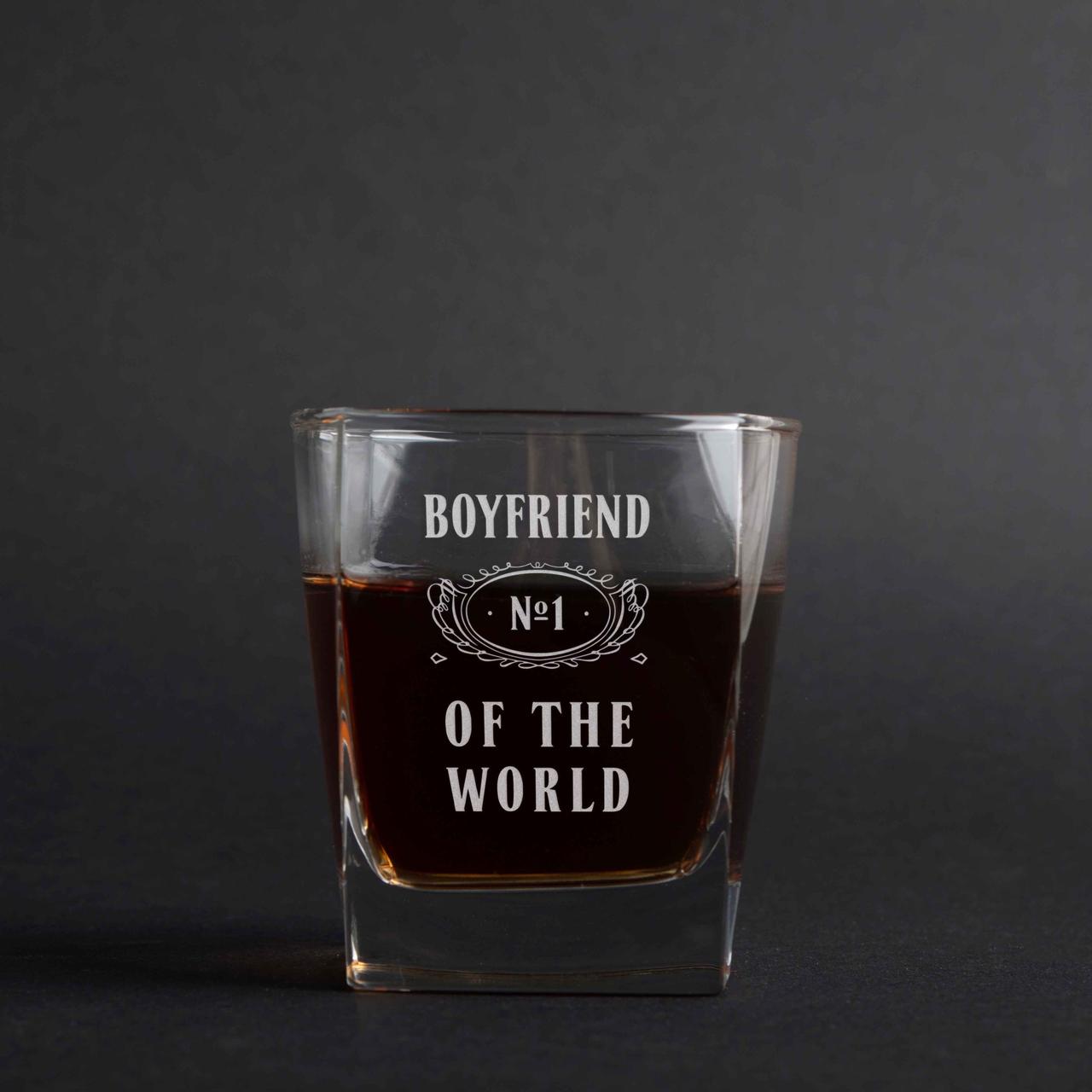 Склянка для віскі "Boyfriend №1 of the world", англійська, Крафтова коробка
