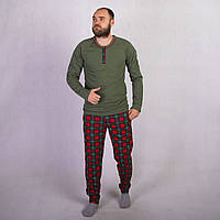 Пижама мужская теплая кофта с брюками в клетку начес зеленый 44-60р.