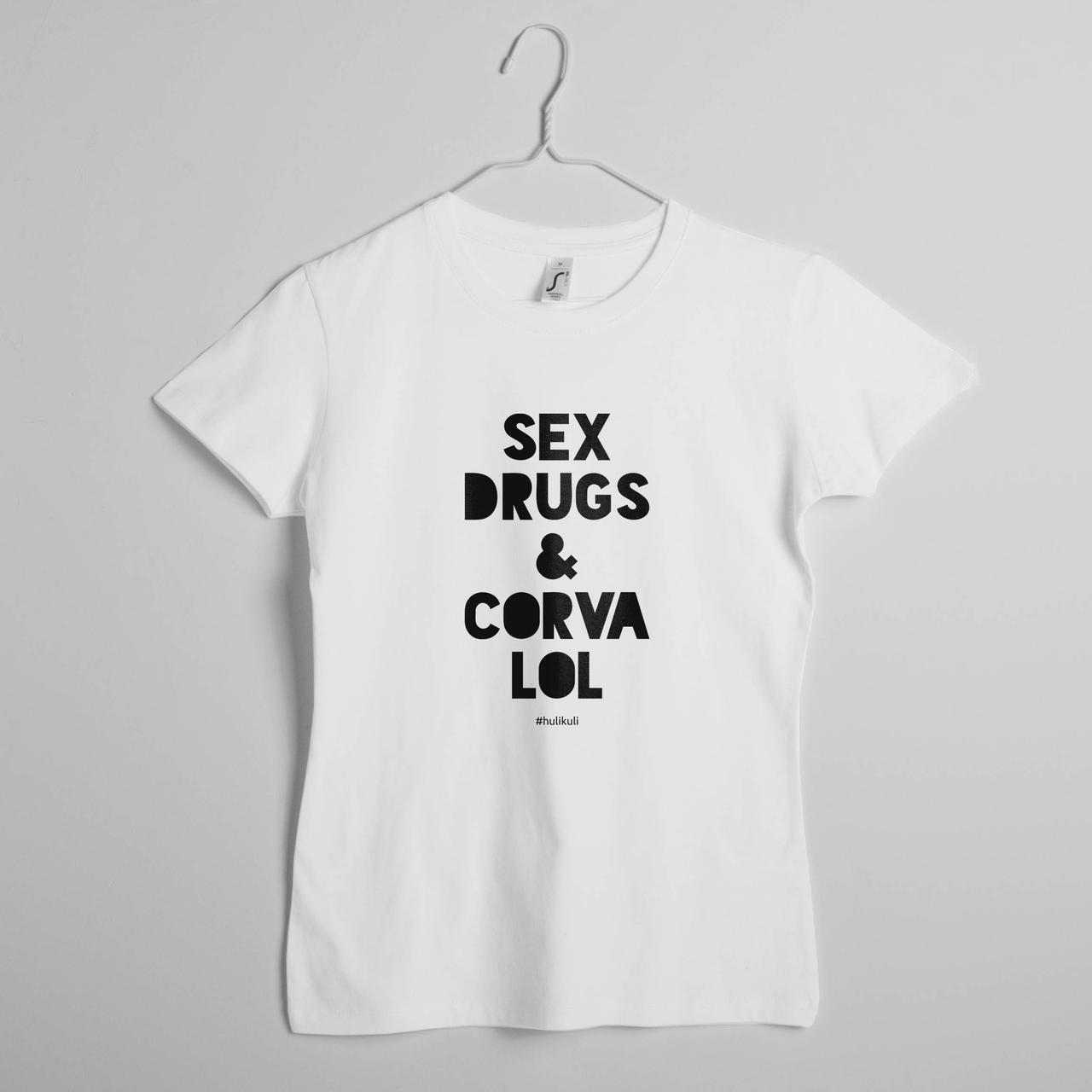Футболка жіноча "Sex, Drugs and Corvalol" біла, Білий, XS, White, англійська, фото 1