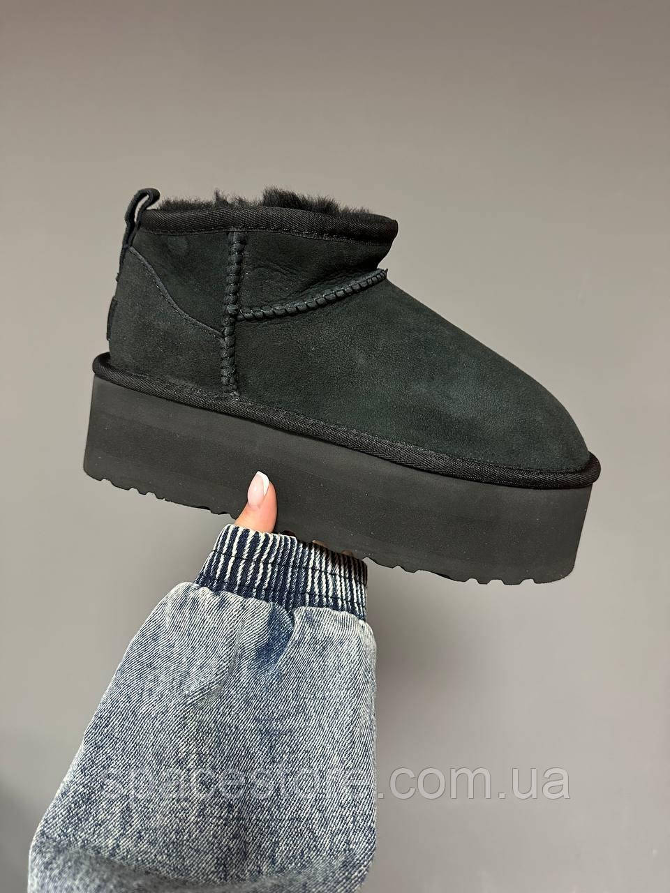 Угги Жіночі UGG ULTRA MINI PLATFORM BLACK premium ультра Уггі міні замшеві прошиті натуральне хутро чорні