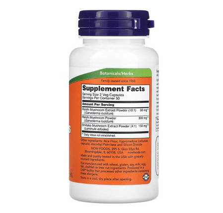 NOW Foods Rei-Shi Mushrooms 270 mg 100 vcaps, фото 2