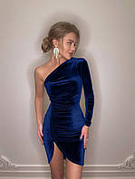 Нарядное женское мини платье ассиметричное бархатное, королевский бархат: черный, изумруд, синий Синий, 42/44