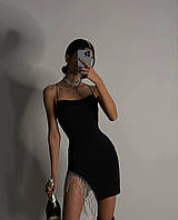 Брендова жіноча міні сукня чорна з блискучою бахромою, на вечірку, креп дайвінг