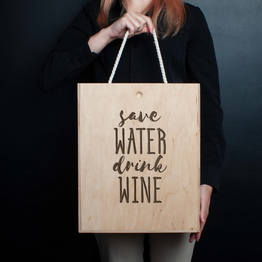 Коробка для вина на три пляшки "Save water drink wine", англійська, фото 1