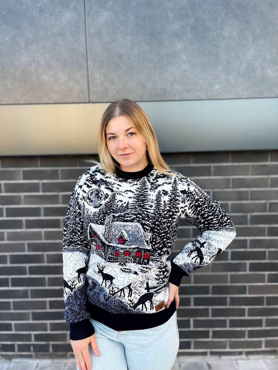 Новорічний светр "Будиночок" без горла Синій