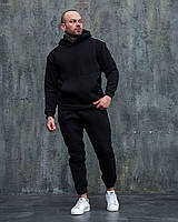Модный спортивный костюм мужской утепленный на флисе с капюшоном комплект худи и штаны на парня черные