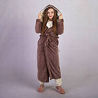 Халат махровый теплый женский длинный с двойным капюшоном однотонный на запах коричневый 42-56р