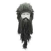 Зимняя шапка викинга с дредами и длинной бородой серая