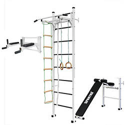 Шведська стінка Sportko для всієї сім’ї (турнік, бруси, лавка для преса, кільця, канат, мотузкові сходи)