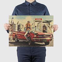 Ретро плакат Mustang из плотной крафтовой бумаги 51x36cm. Постер красный Мустанг