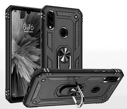 Протиударний чохол із кільцем підставкою для Xiaomi Redmi Note 7 чорний матовий, фото 1