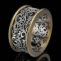 Персональное и стильное резное кольцо с цветочным узором из серебра и золота, размер 19