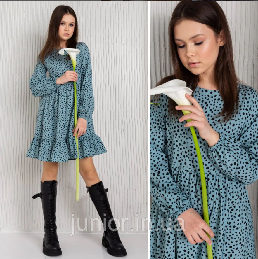 Сукня для дівчинки Бірюзова 134-158 р. Ніжне платтячко для дівчинки Красива сукня в горошок, фото 1