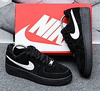 Мужские зимние кроссовки Nike Air Force 1 black Winter Обувь Найк Форс черные с мехом замшевые теплые короткие