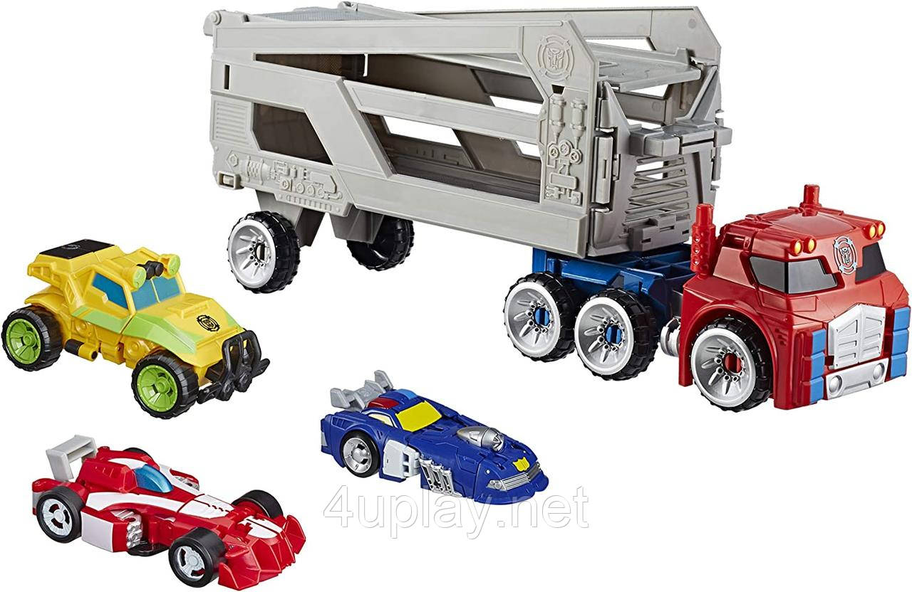 Трансформери: робот-автовоз Оптімус Прайм, автоботи Бамблбі, Чейз, Хітвейв. Transformers Rescue Bots Academy Road Rescue Team