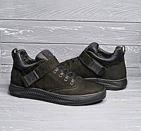 Кожаные мужские прошитые черные низкие зимние ботинки / кроссовки на меху TM AND!!! 42