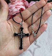 Хрест із шнурком чоловіча прикраса, чорний з сріблястим
