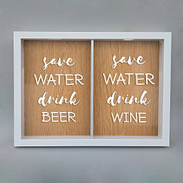 Подвійна рамка копілка "Save water, drink beer and wine" для корків, white-brown, white-brown, англійська
