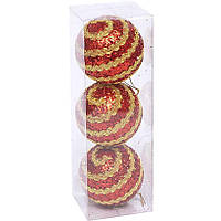 Набор игрушек на елку 3 шт шарика Красный с блестками и золотистой лентой D 8 см 2023-95 в упаковке 3 шт