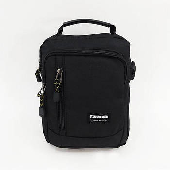 Чоловіча сумка чорна спортивна слінг на блискавці з кишенями та довгим ремінцем 20*24,5 см Cans